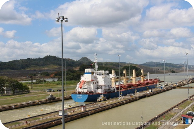 Ship pulled through Miraflores Locks