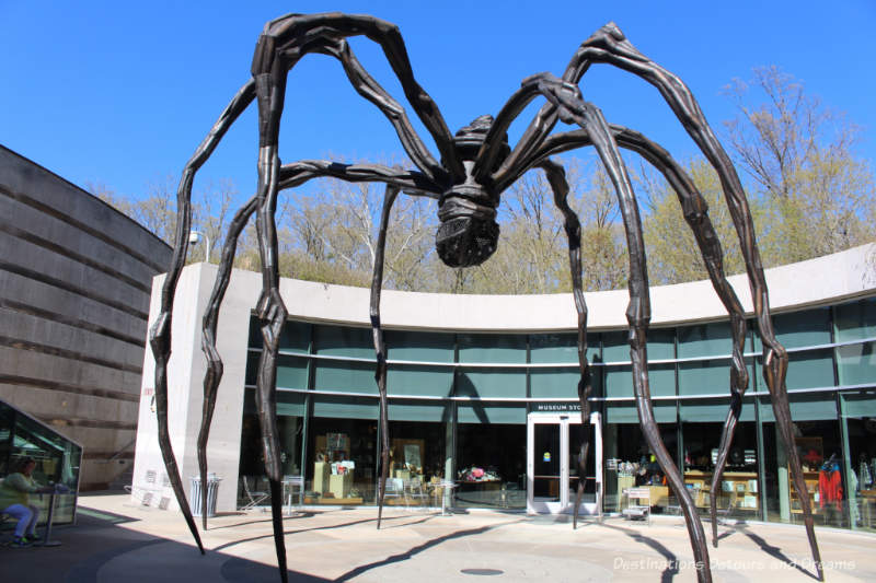 Maman, a spider-like sculpture, in the Crystal Bridges Museum of American Art courtyard
