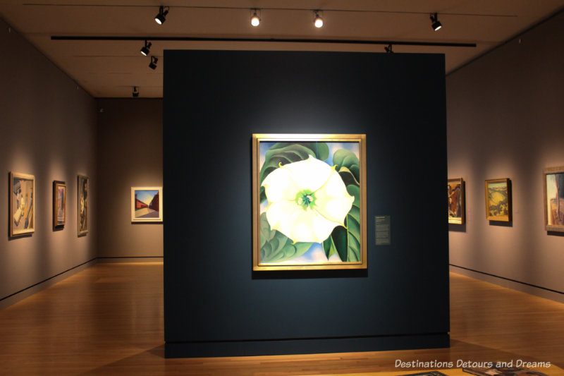 Gallery at Crystal Bridges Museum of American Art features “Jimson Weed/White Flower No. 1” by Georgia O’Keefe on a centre wall