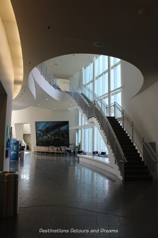 White curved walls and spiral staircase in Museum of the North lobby
