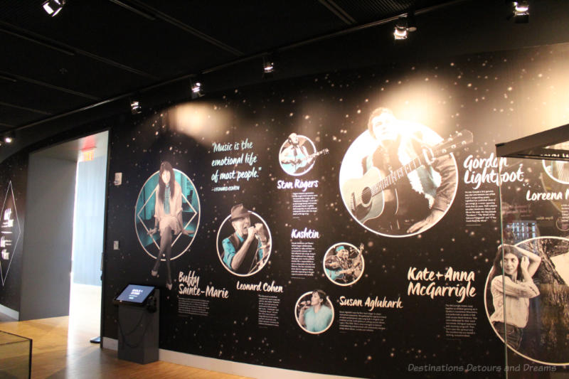 Wall with photos and information highlighting some of the musicians featured in the Idols and Icons gallery of the National Music Centre