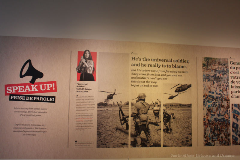 Wall of information about the "universal soldier" in the Speak Up gallery at the National Music Centre