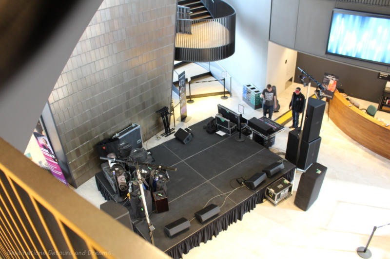 Stage in entrance level of National Music Centre viewed from floor above