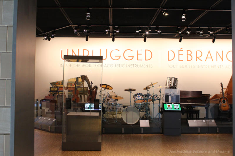 A group of acoustic instruments on display at the National Music Centre