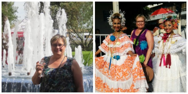 Donna in Scottsdale in front of fountain and in Panama at Polleras Parade