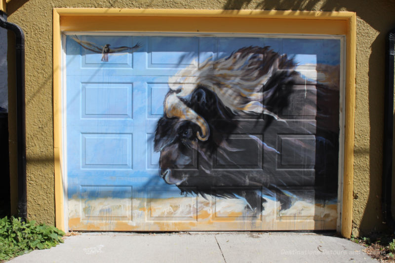 Painting of a charging bison on a blue garage wall in Arctic Alley, Winnipeg
