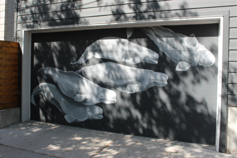 Painting of white whales on black garage door in Arctic Alley, Winnipeg