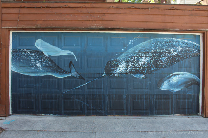 Painting of narwhals on garage door in Arctic Alley, Winnipeg