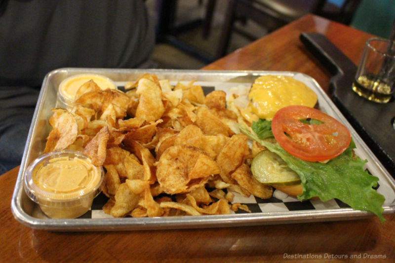 A cheeseburger and Rebel Chips at Burger Rebellion