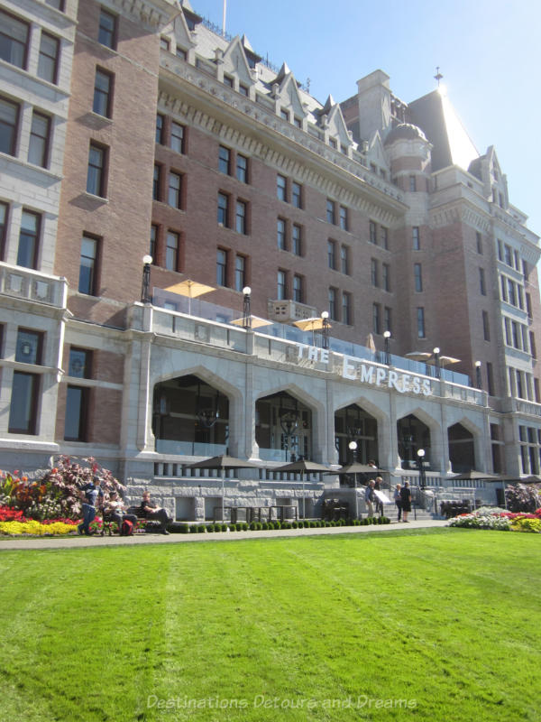 Stone and brick exterior of the Empress Hotel in Victoria, British Columbia