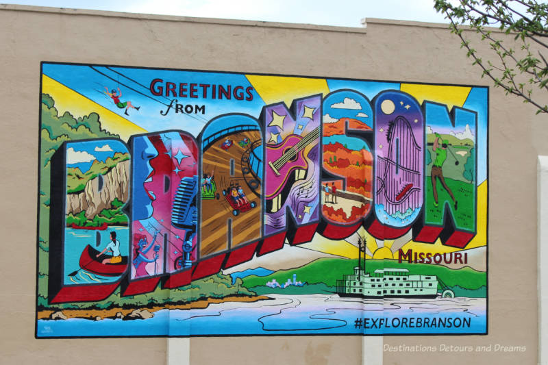 Mural with block letters of BRANSON filled with scenes of things to do in Branson, Missouri