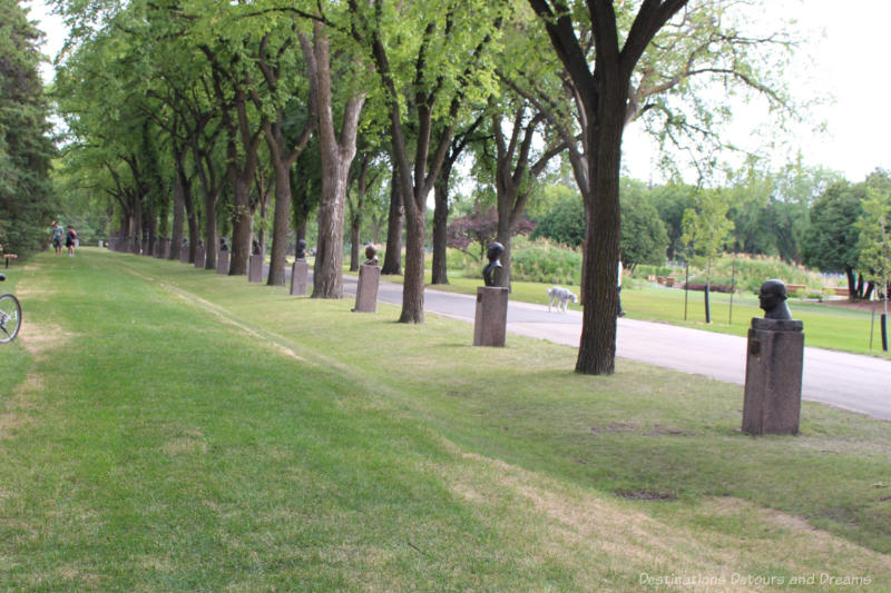 Green walkway between rows of mature trees with busts bordered by busts of important figures in a citizens hall of fame