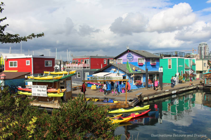 Colourful float homes and businesses along the pier at Fisherman's Wharf in Victoria