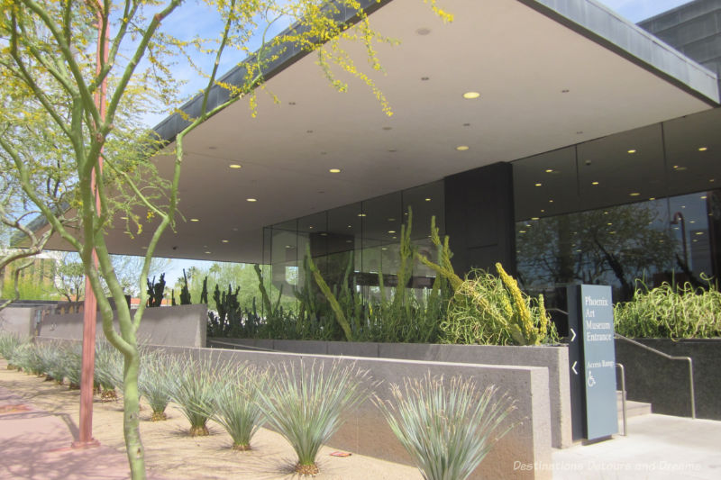 Phoenix Art Museum Entrance Covered entrance to the Phoenix Art Museum with plantings of desert plants