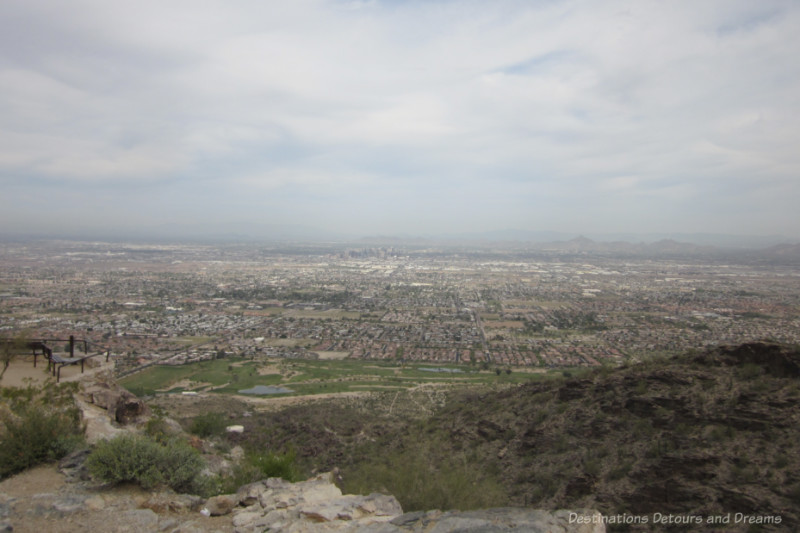 Phoenix Dobbins Lookout View View of sprawling metropolis of Greater Phoenix from lookout point in South Mountain Park