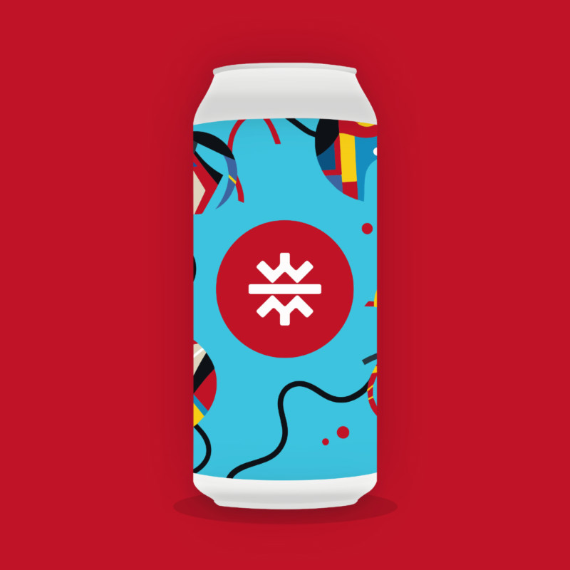 Kilter Brewing Winnipeg Lager Vibrant blue background beer label with coloured lines and geometric shapes of Kilter Brewing Winnipeg Lager